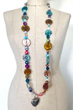 Multicolored Glass Bead and Silver-Tone Heart Pendant Necklace - 65 cm, 440g