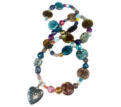 Multicolored Glass Bead and Silver-Tone Heart Pendant Necklace - 65 cm, 440g