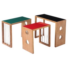 Multicolored Glass Top Nesting Tables In Oak & Lucite, USA 1940's Multicolored Glass Top Nesting Tables In Oak & Lucite, USA 1940's