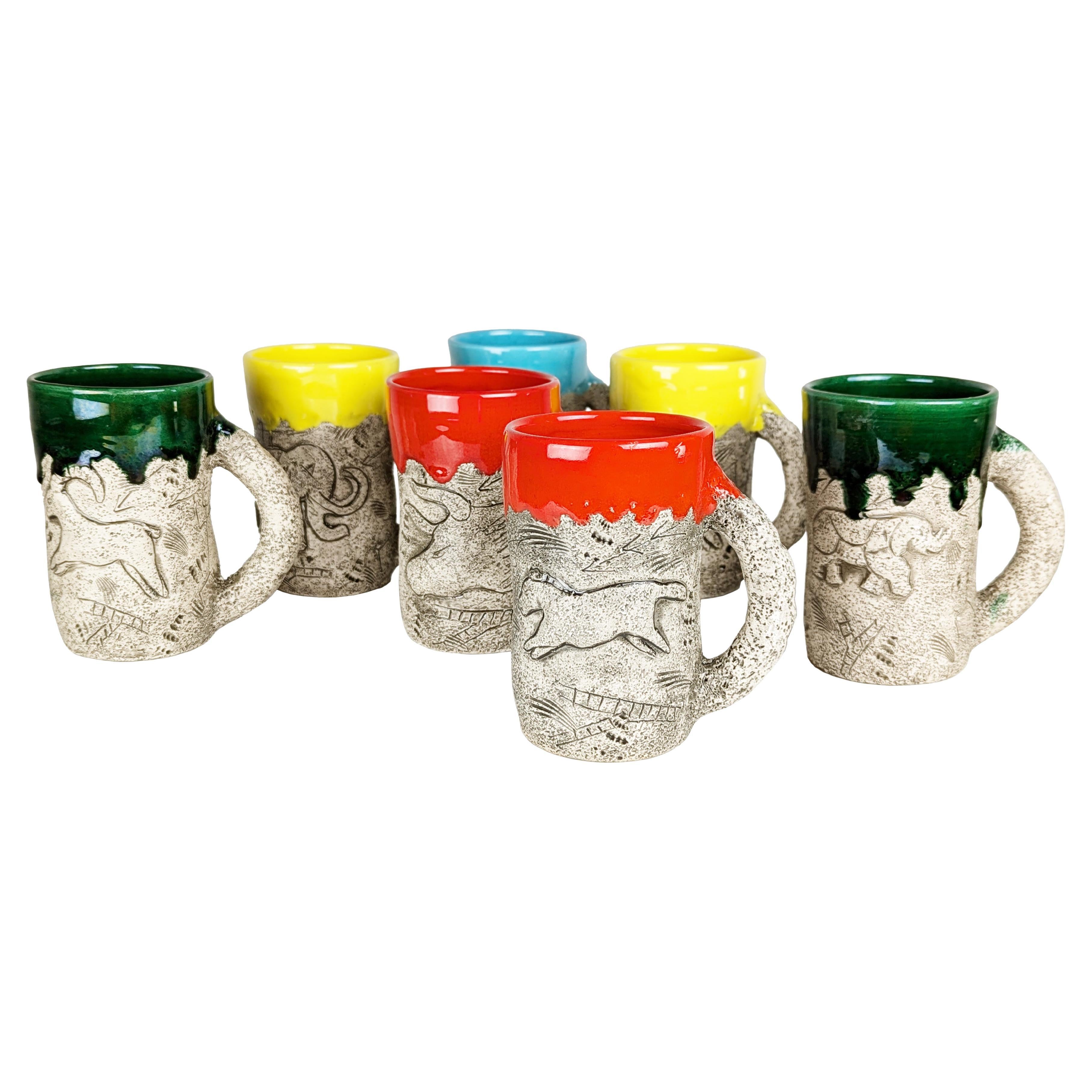 Multicolored Glazed ceramic Mid century Modern cups by Francis Triay, set of 8