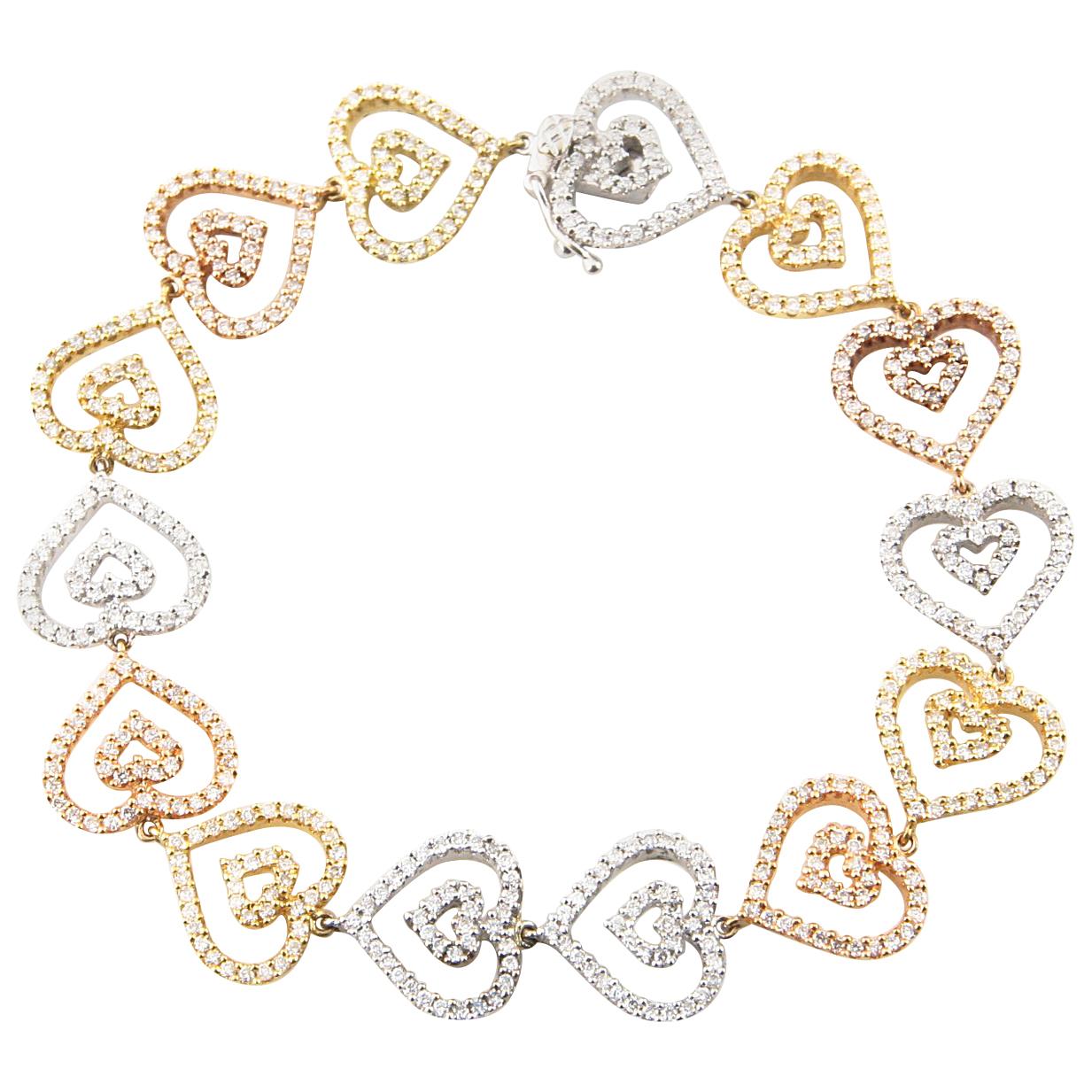 Bracelet en or 18 carats avec cœurs multicolores et diamants de 2,24 carats