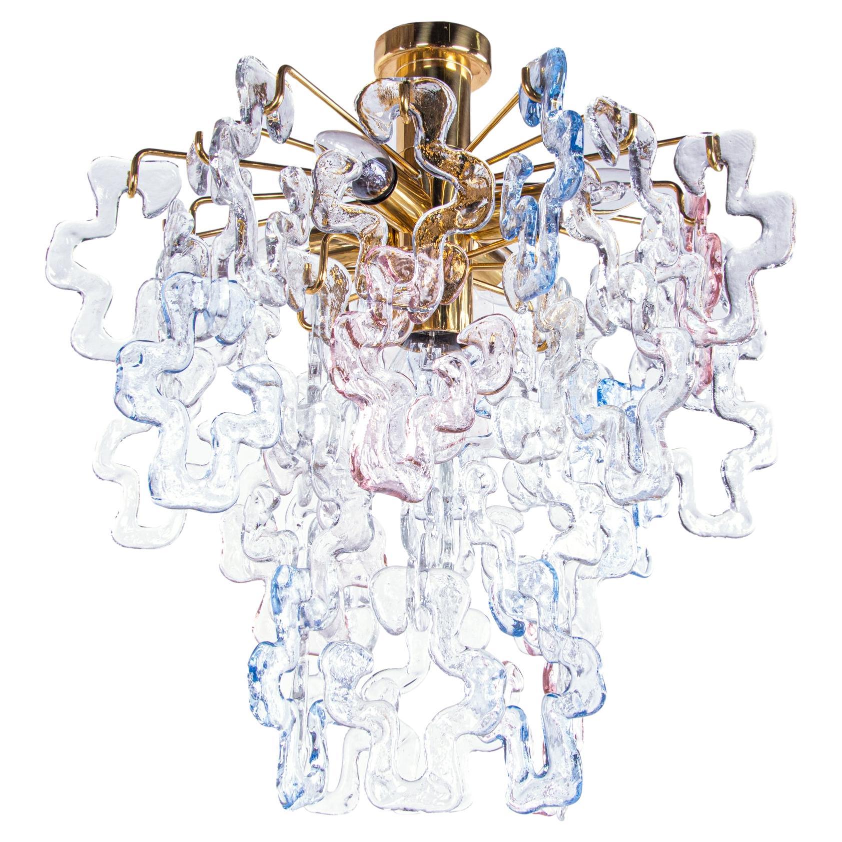 Interlocking Murano Chandelier Flush Mount Glass & Brass Carlo Nason Kalmar 1960
