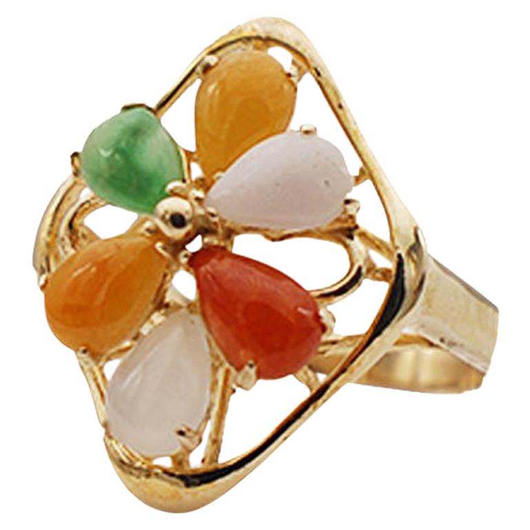 Multicolored Jade Gemstone Cluster 6-Stone 14 Karat Yellow Ring