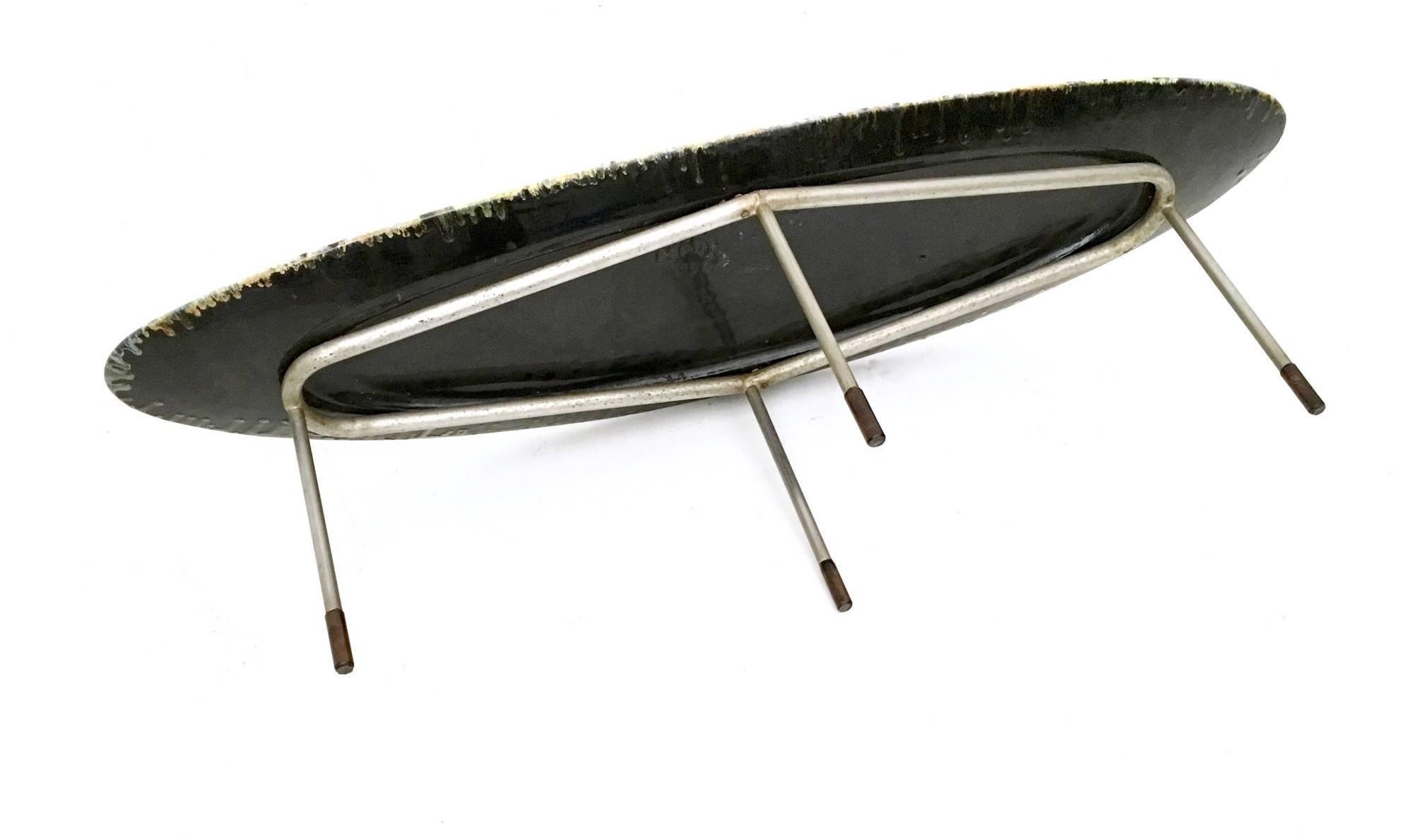 Metal Vintage Oval Coffee Table by Stil Keramos with a Colored Lacquered Ceramic Top For Sale