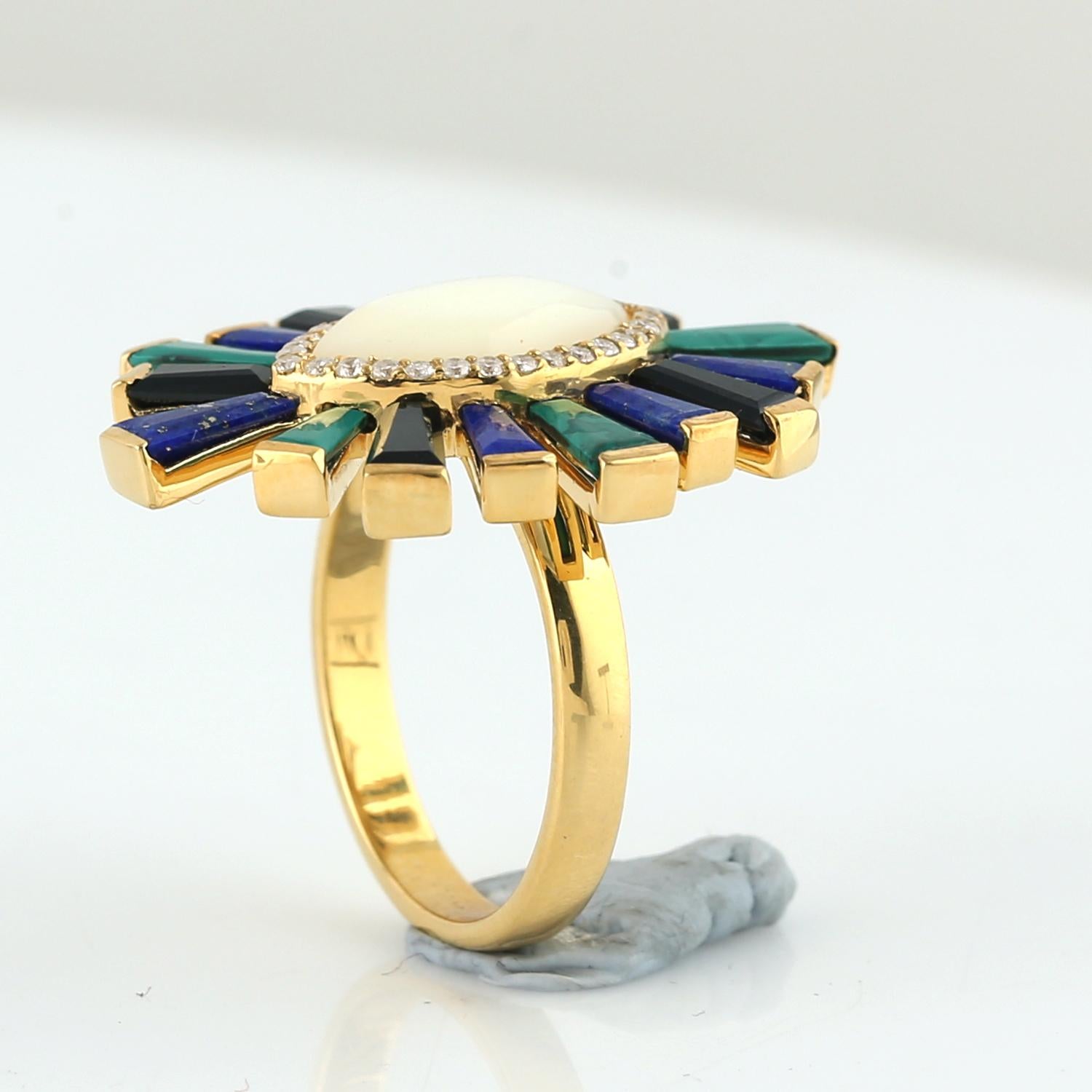 Contemporary Multicolored Malachite & Lapis MOP Ring With Diamonds Made In 18k Yellow Gold For Sale