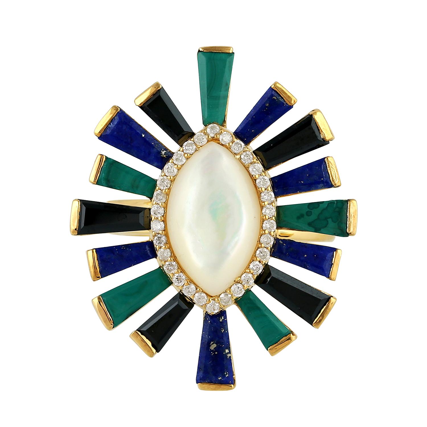 Mixed Cut Multicolored Malachite & Lapis MOP Ring With Diamonds Made In 18k Yellow Gold For Sale