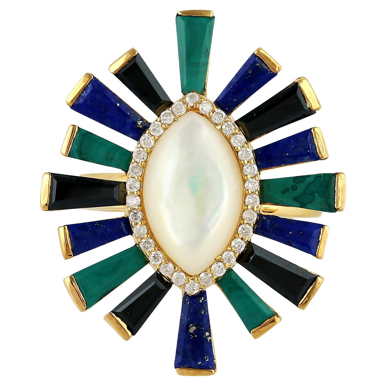 Multicolored Malachite & Lapis MOP Ring With Diamonds Made In 18k Yellow Gold For Sale