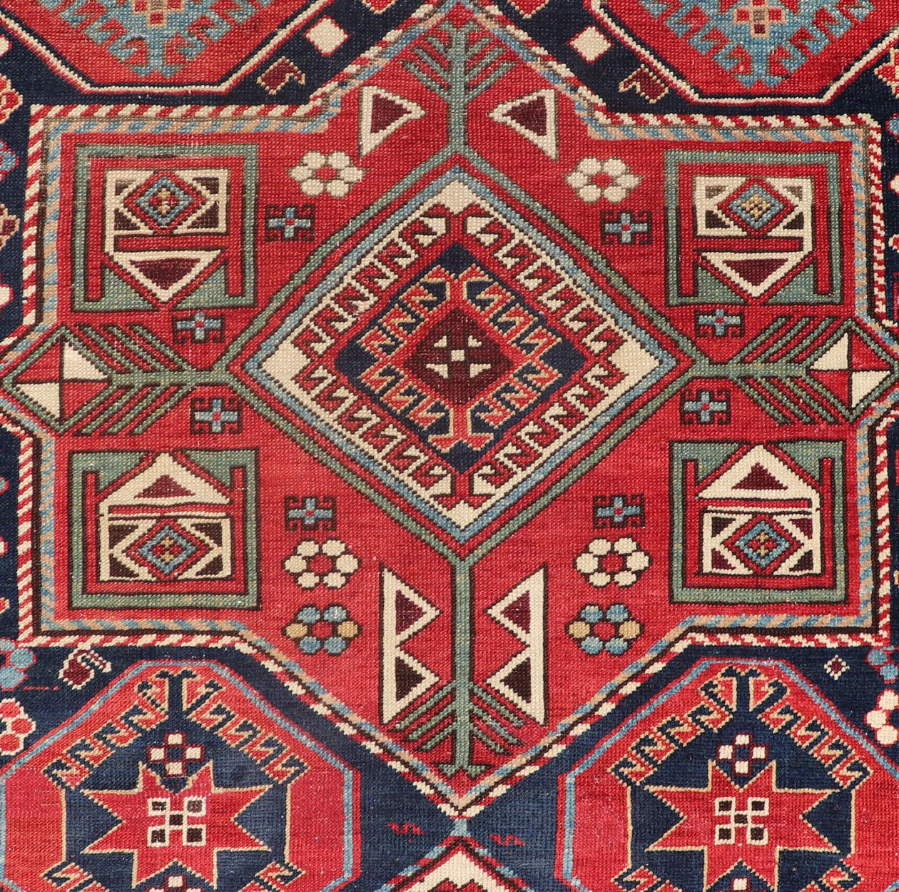 Multicolored Medallions Antique Caucasian Kazak Rug with Geometrics Motifs For Sale 4