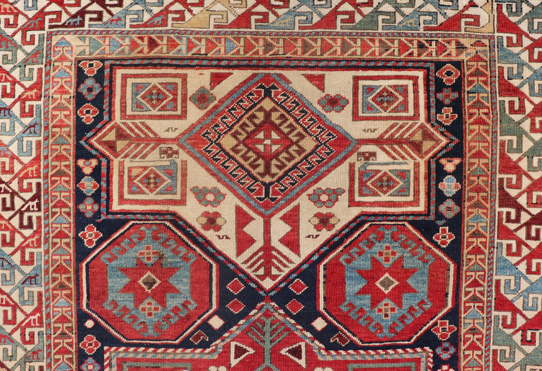 Multicolored Medallions Antique Caucasian Kazak Rug with Geometrics Motifs For Sale 5