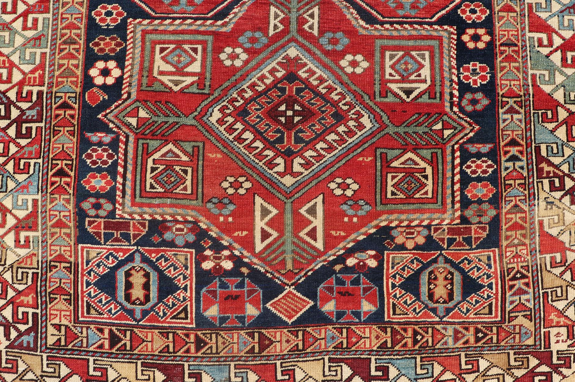 Multicolored Medallions Antique Caucasian Kazak Rug with Geometrics Motifs For Sale 6