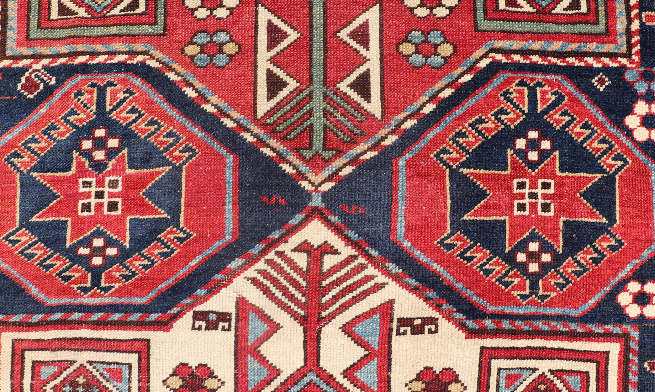 Multicolored Medallions Antique Caucasian Kazak Rug with Geometrics Motifs For Sale 8