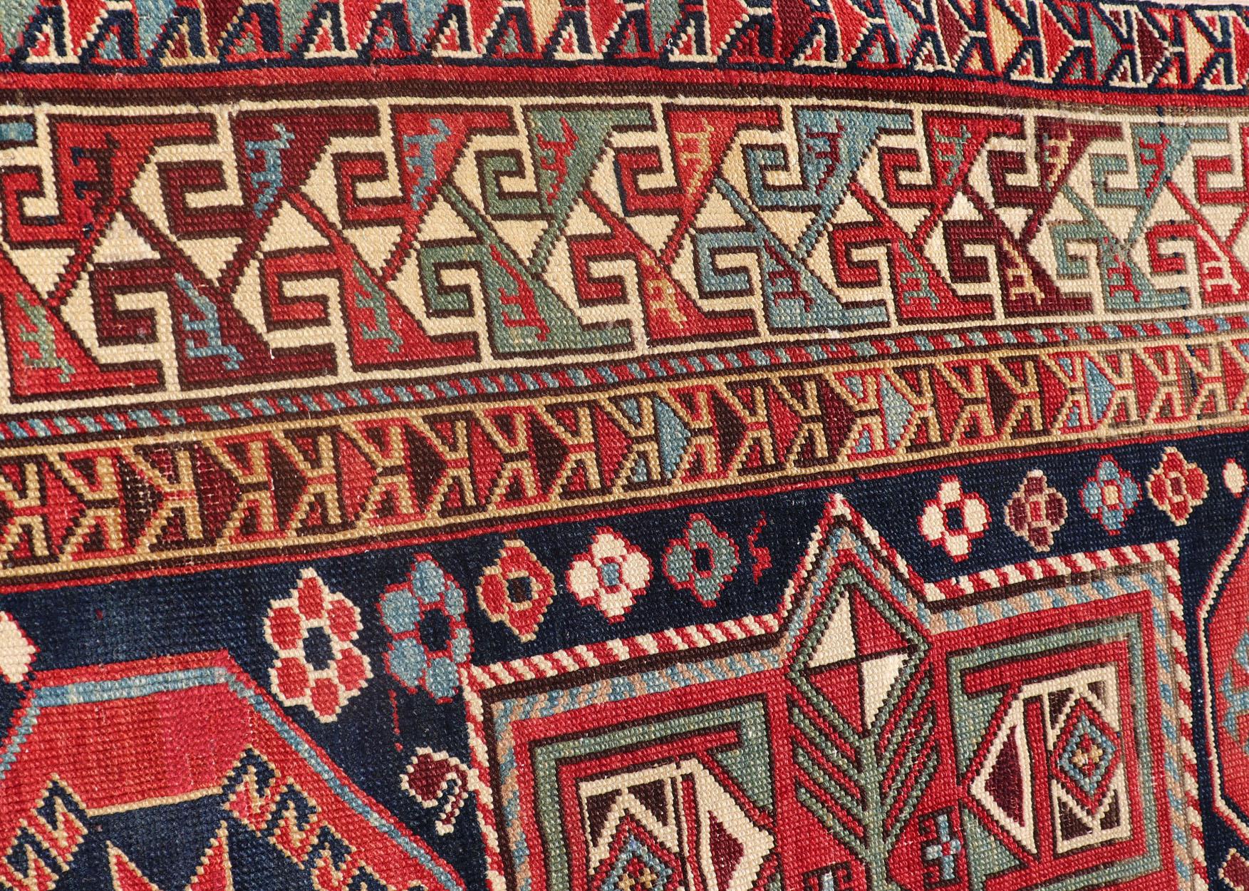 Multicolored Medallions Antique Caucasian Kazak Rug with Geometrics Motifs For Sale 9