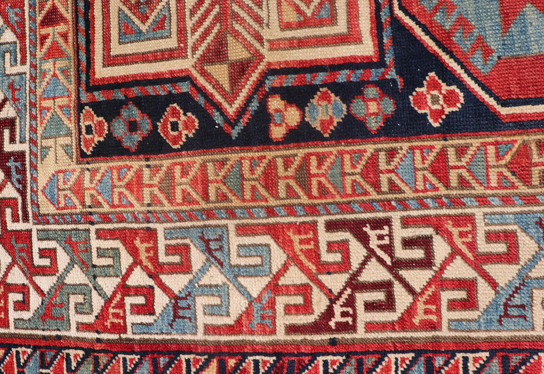 Multicolored Medallions Antique Caucasian Kazak Rug with Geometrics Motifs For Sale 10