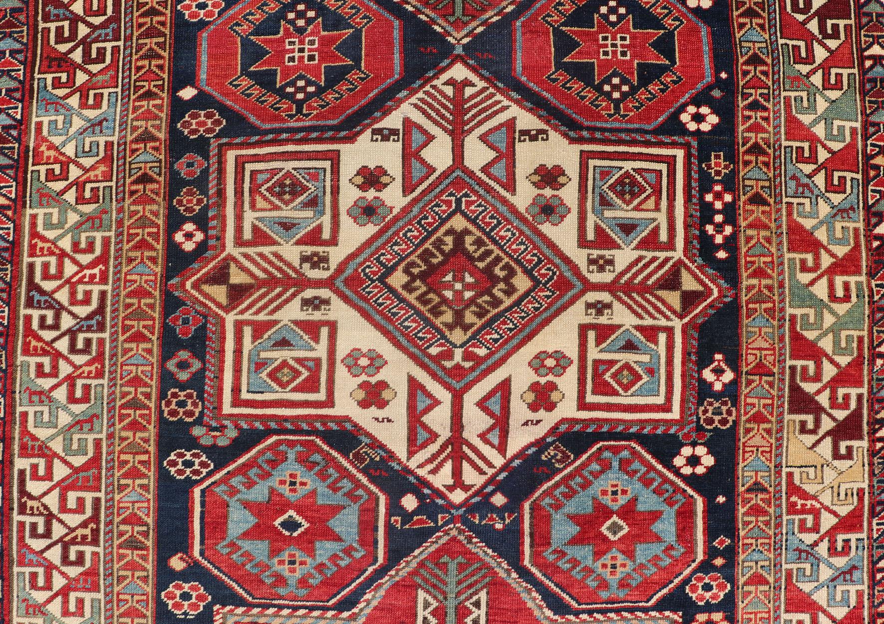 Multicolored Medallions Antique Caucasian Kazak Rug with Geometrics Motifs For Sale 3