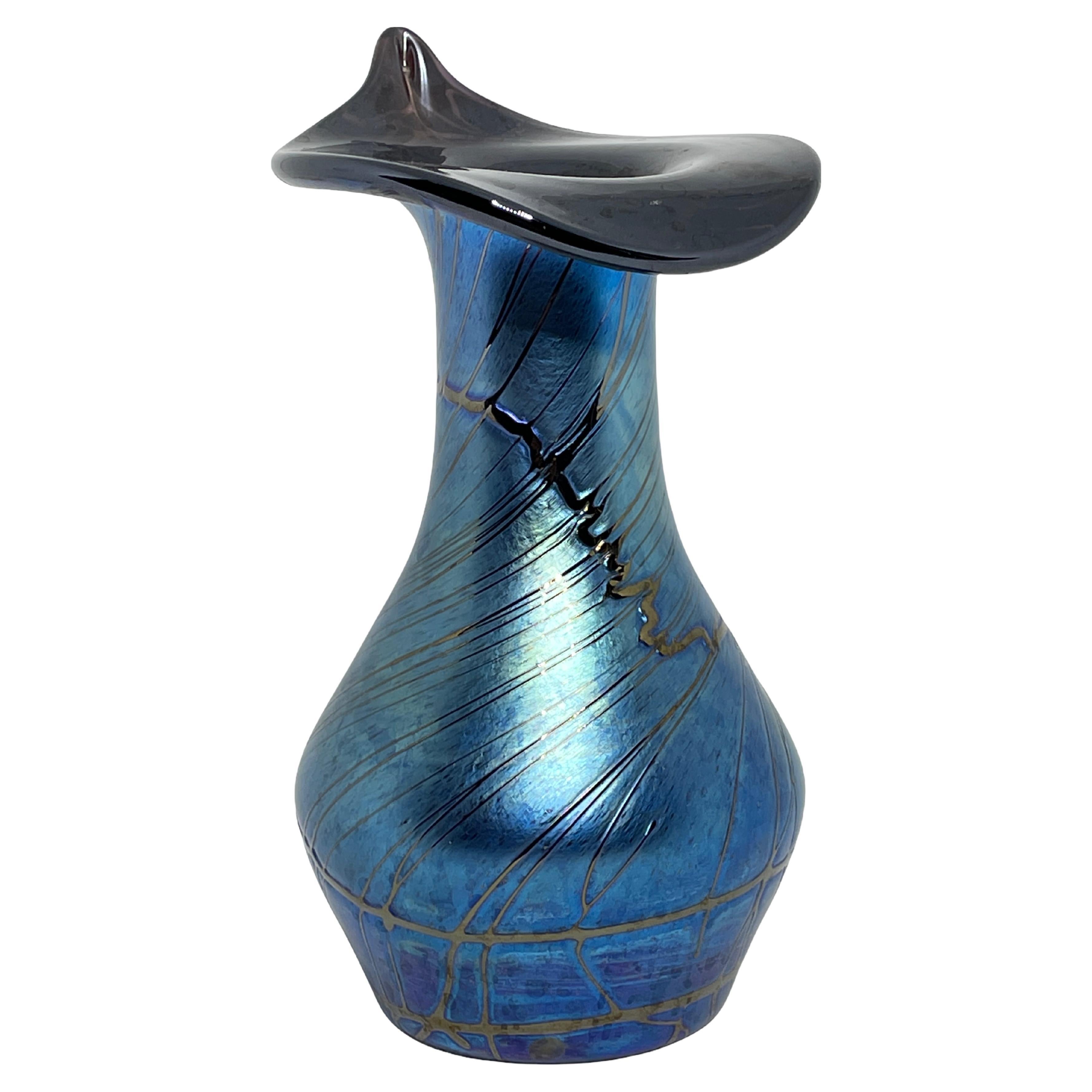 Multicolored Metallic Blue Iridescent Vase in the Style of Loetz