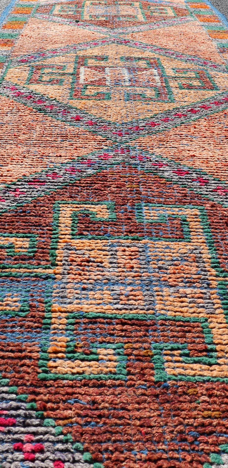 Hand-Knotted Multicolored Mid-Century Turkish Kurdish Oushak Runner With Large Medallions  For Sale