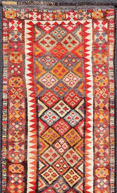 Multicolored Midcentury Turkish Kurdish Oushak Runner with Diamonds and Stars