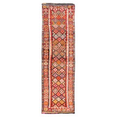 Multicolored Midcentury Turkish Kurdish Oushak Runner with Diamonds and Stars