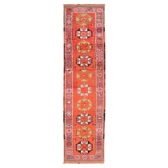 Multicolored Midcentury Turkish Tribal Oushak Runner with Diamonds and Stars