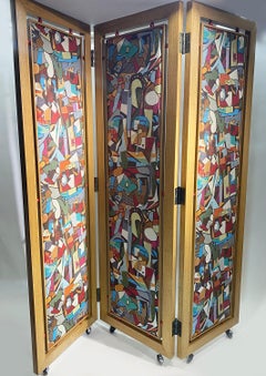 Multicolored Modernist Geometric Design "Paravent" or Screen Divider