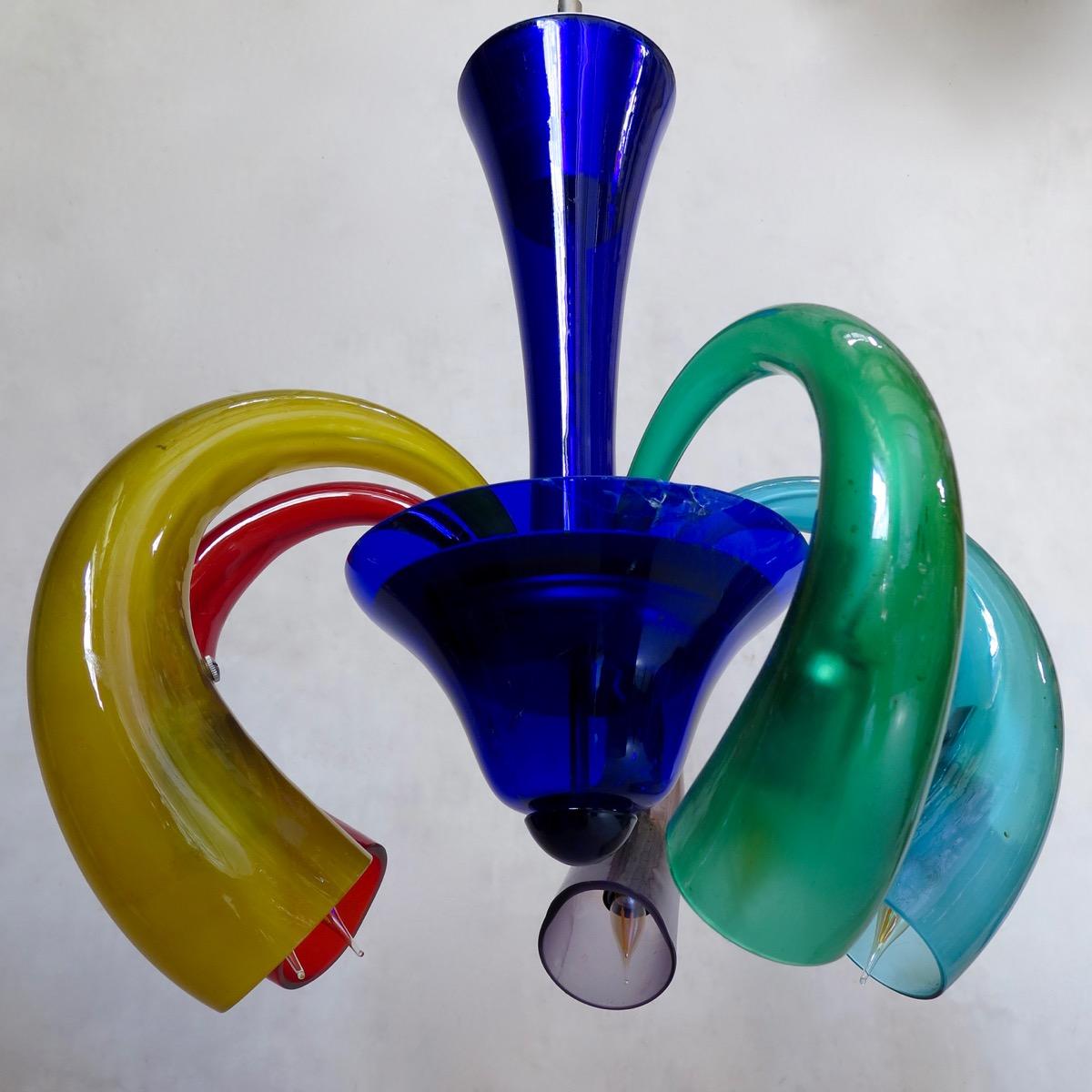 Bold five-arm chandelier of thick and heavy handblown colored glass.