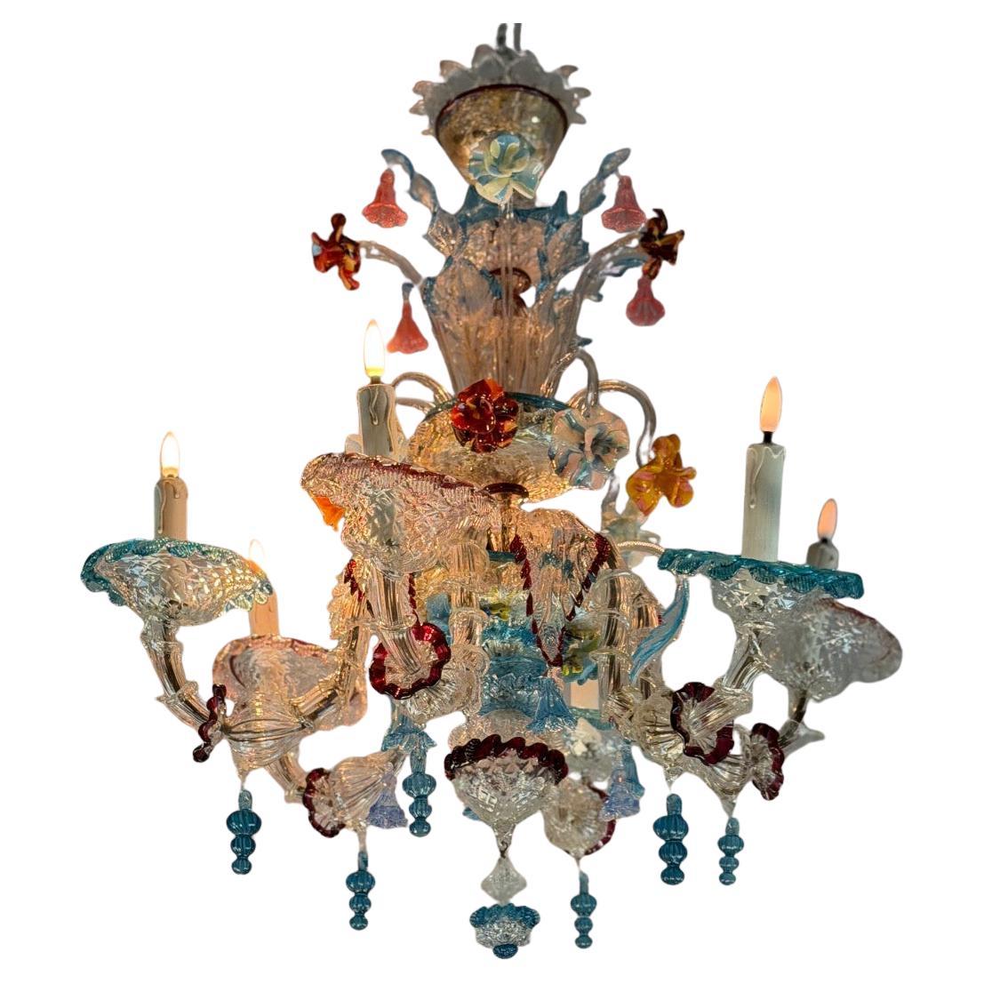 Multicolored Murano glass Venetian chandelier, 6-light arms, around 1900