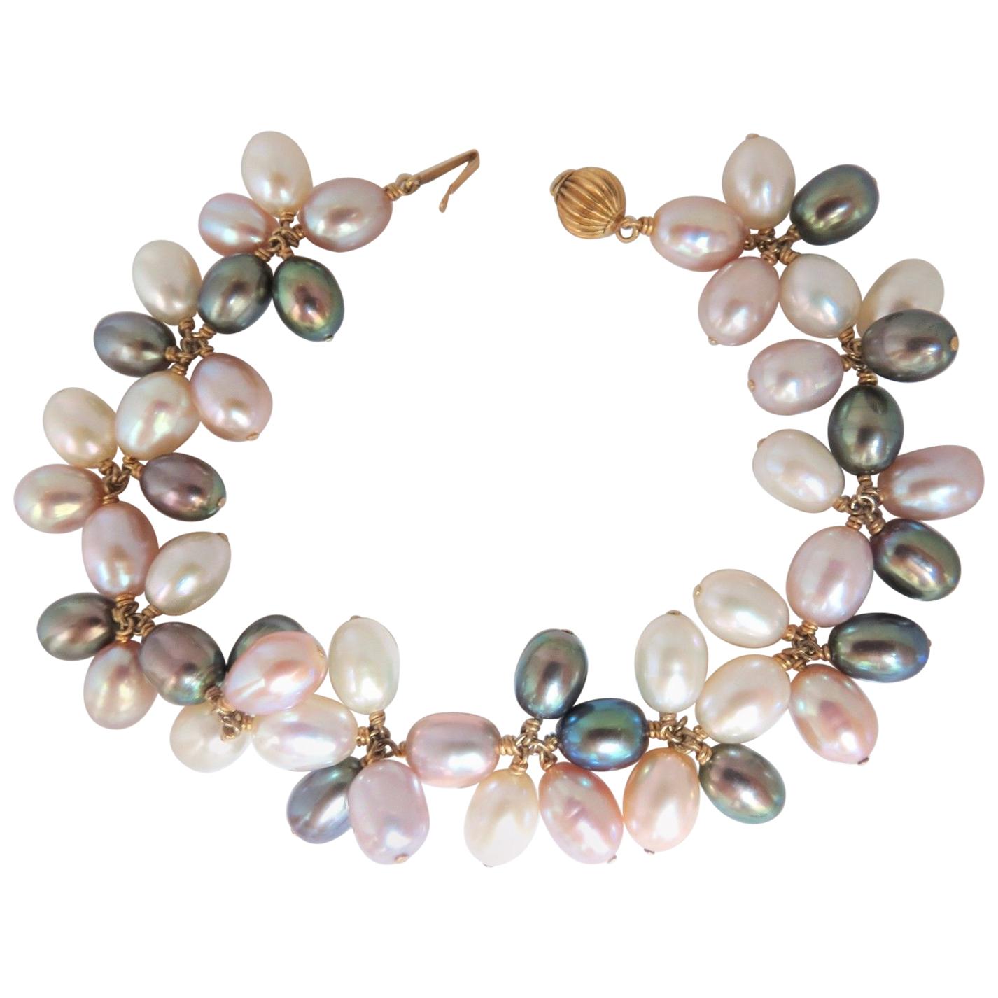 Multicolored Natural Freshwater Pearls Cluster Linked Bracelet 14 Karat