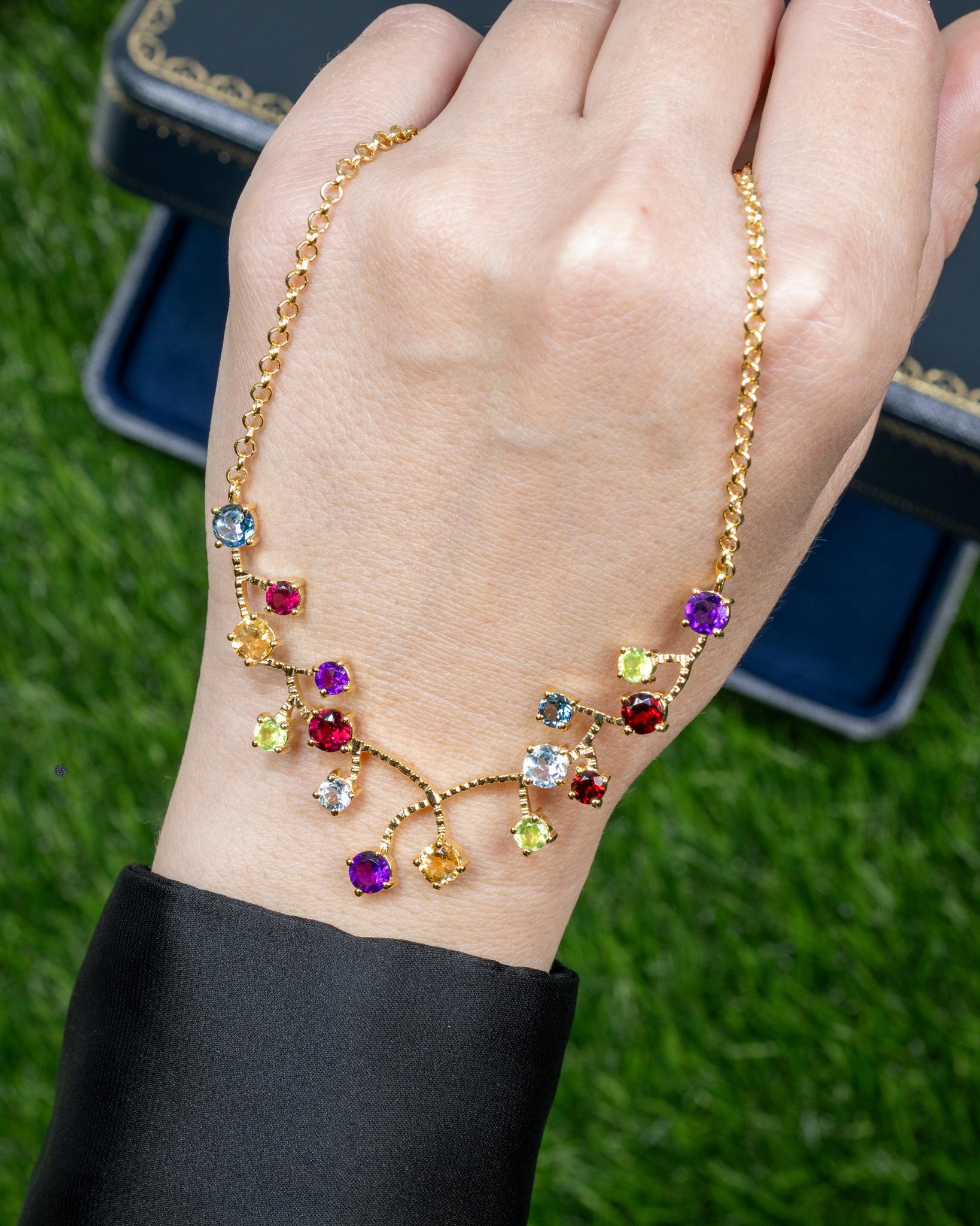 Collier de pierres précieuses naturelles multicolores 6,2 carats plaqué argent jaune 18 carats Neuf - En vente à Aliso Viejo, CA