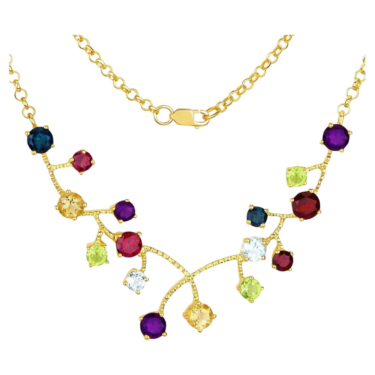Collier de pierres précieuses naturelles multicolores 6,2 carats plaqué argent jaune 18 carats en vente