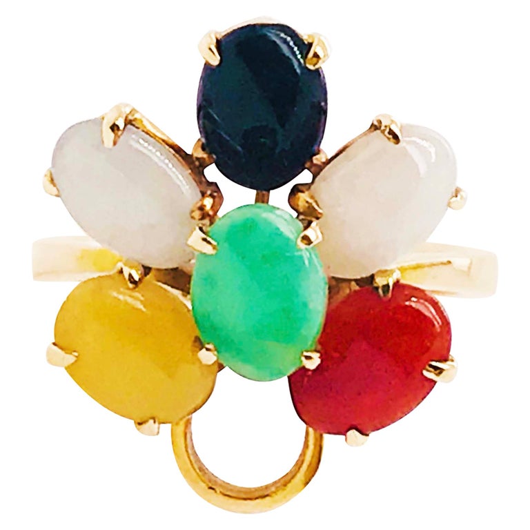 Multicolored Natural Jade Ring in 14 Karat Yellow Gold For Sale at 1stDibs