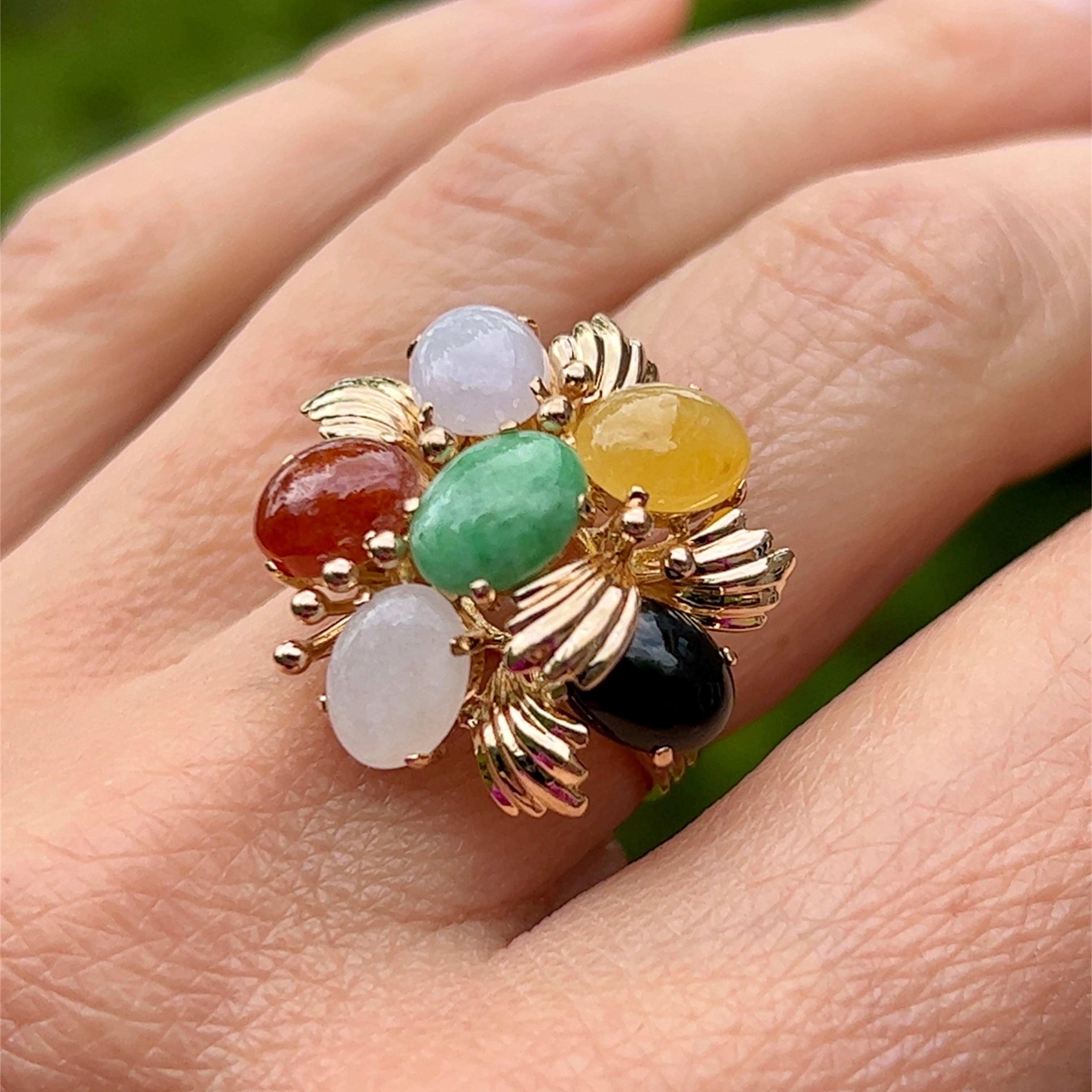 Contemporary Multicolored Natural Jade Ring in 14k Yellow Gold