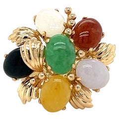 Vintage Multicolored Natural Jade Ring in 14k Yellow Gold