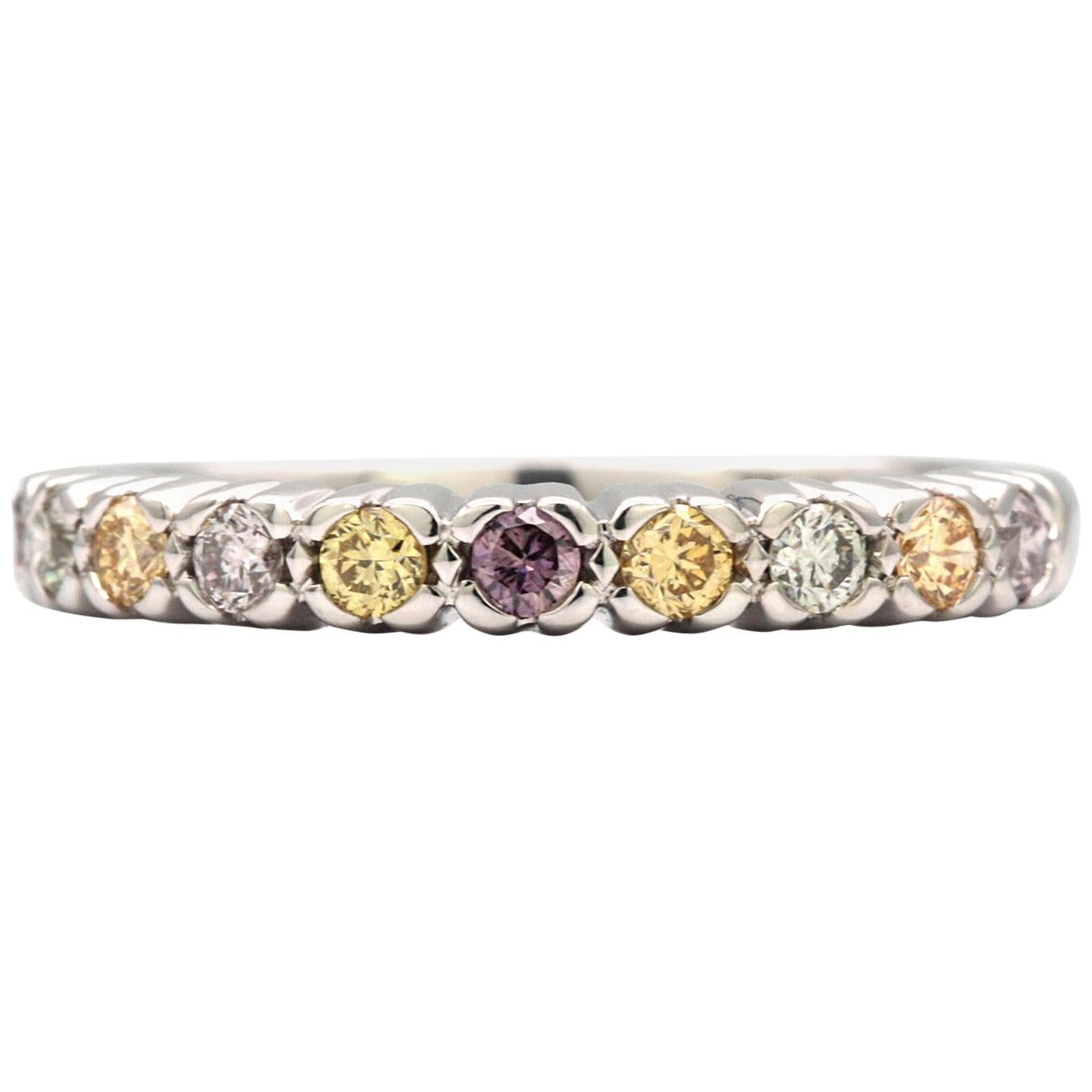 Multicolored Natural Round Diamonds Band in 18 Karat White Gold Ring For Sale