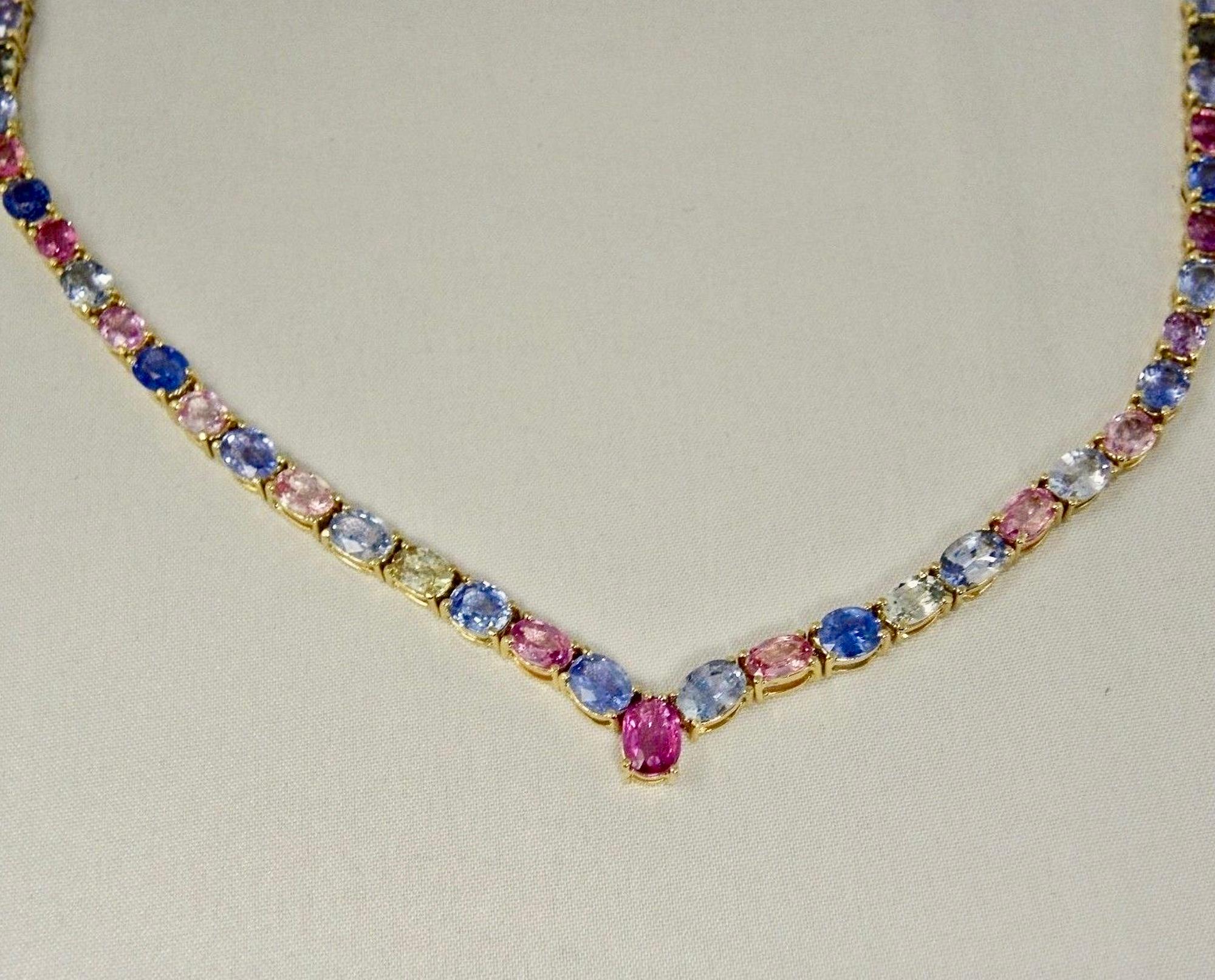  50.00 Carat Burma Unheated Multicolor Sapphires Necklace Yellow Gold 18K  For Sale 4