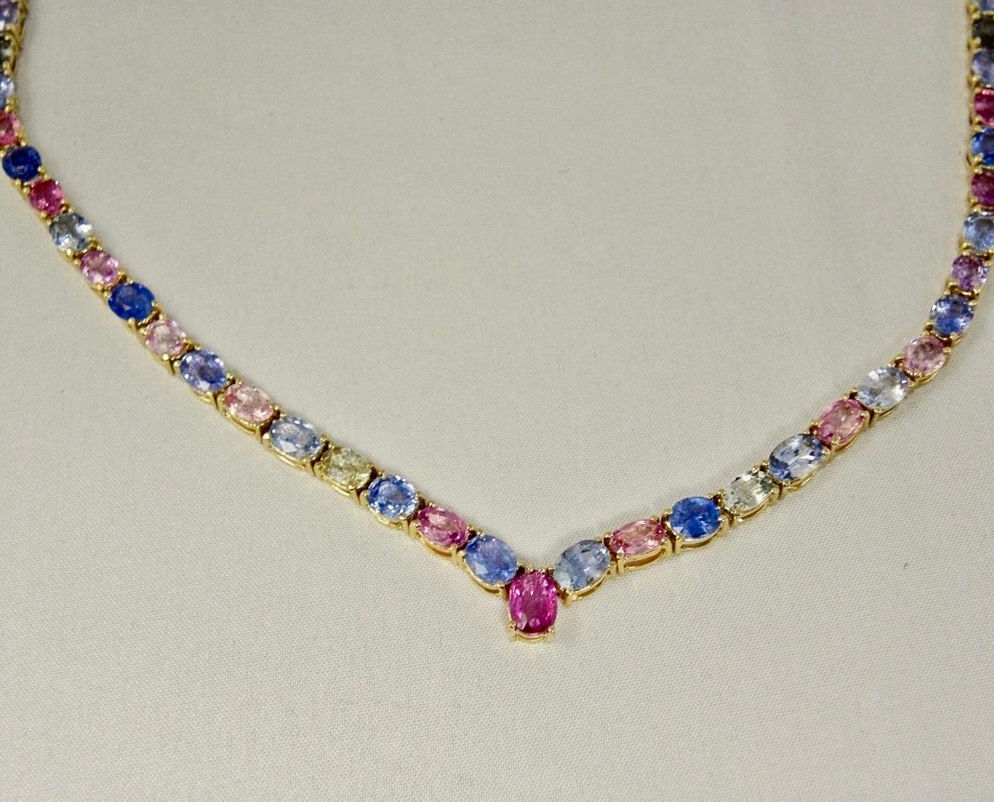 50.00 Carat Burma Unheated Multicolor Sapphires Necklace Yellow Gold 18K For Sale 5