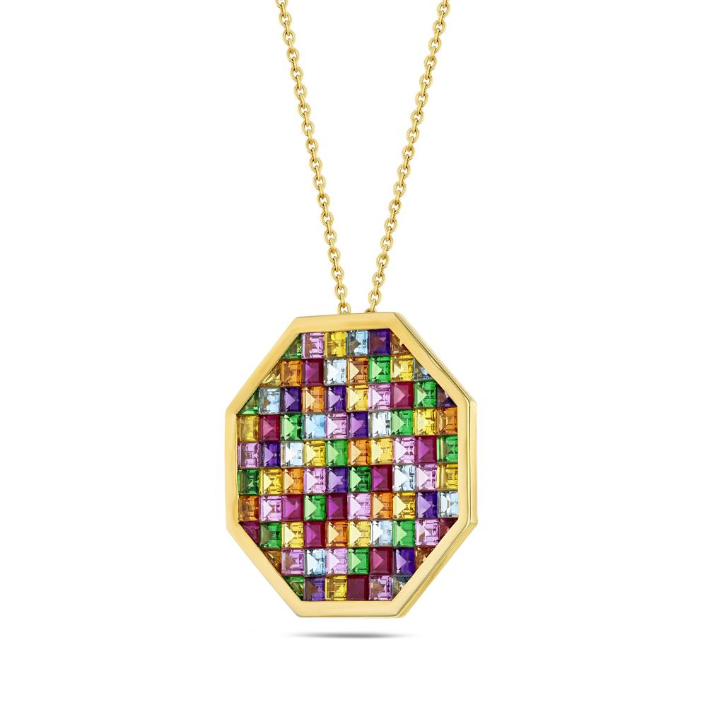 Our multicolored amethyst, aquamarine, ruby and sapphire necklace is truly one of a kind. With a total of 88 stones sitting in a hexagonal 18 karat gold casing the piece really forges a path between pop art and fine jewelry in a new brilliant and