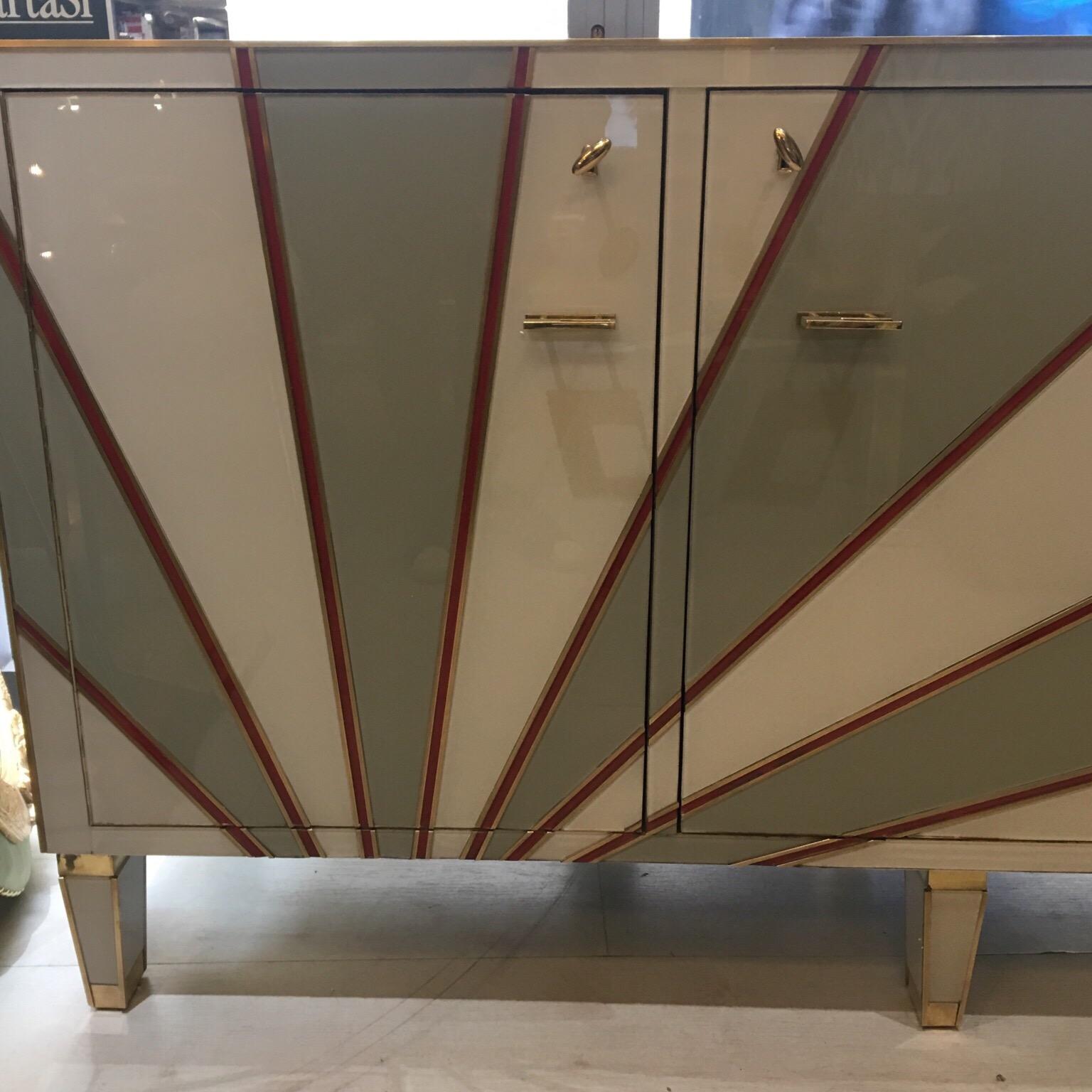 Multicolored Opaline Glass Credenza Geometrical Design and Brass Edges, 1970s 5