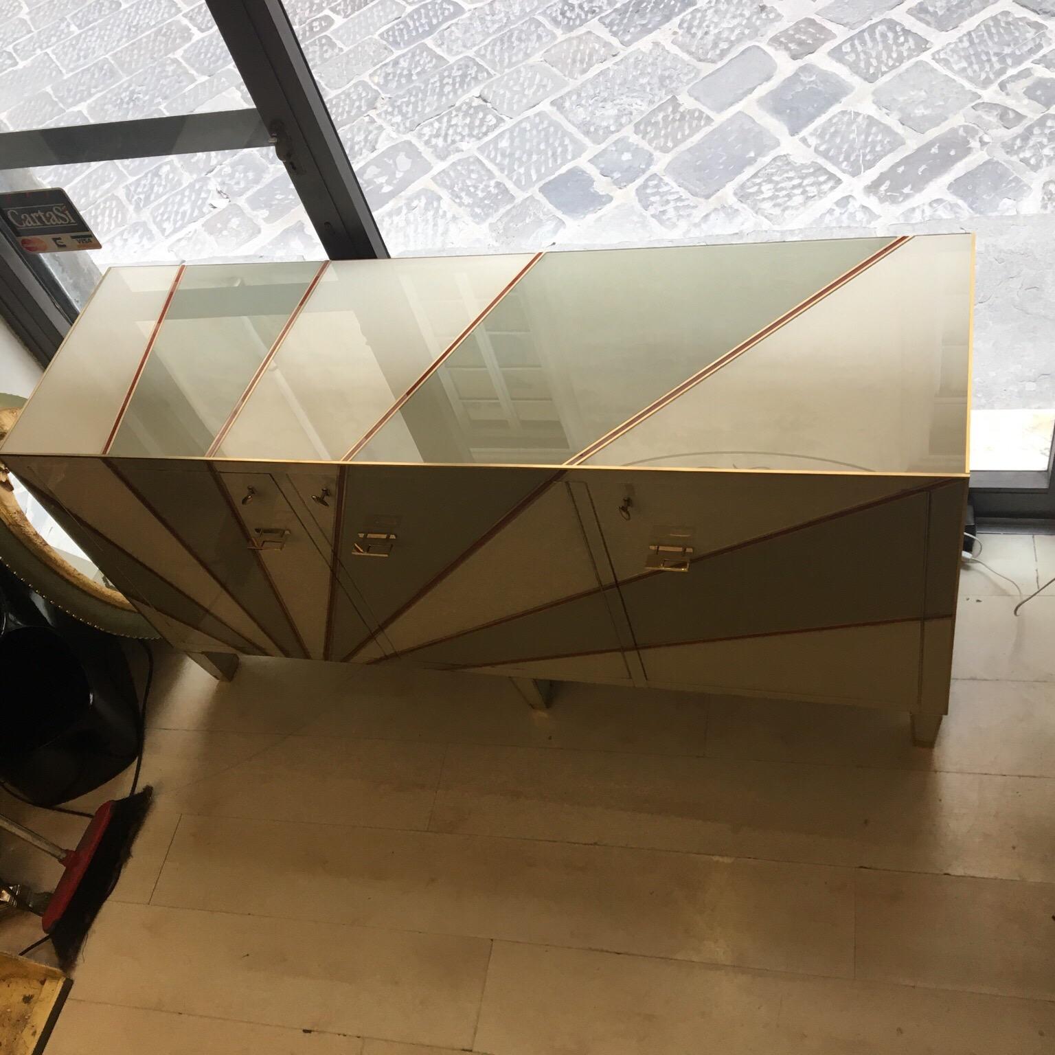 Multicolored Opaline Glass Credenza Geometrical Design and Brass Edges, 1970s 7