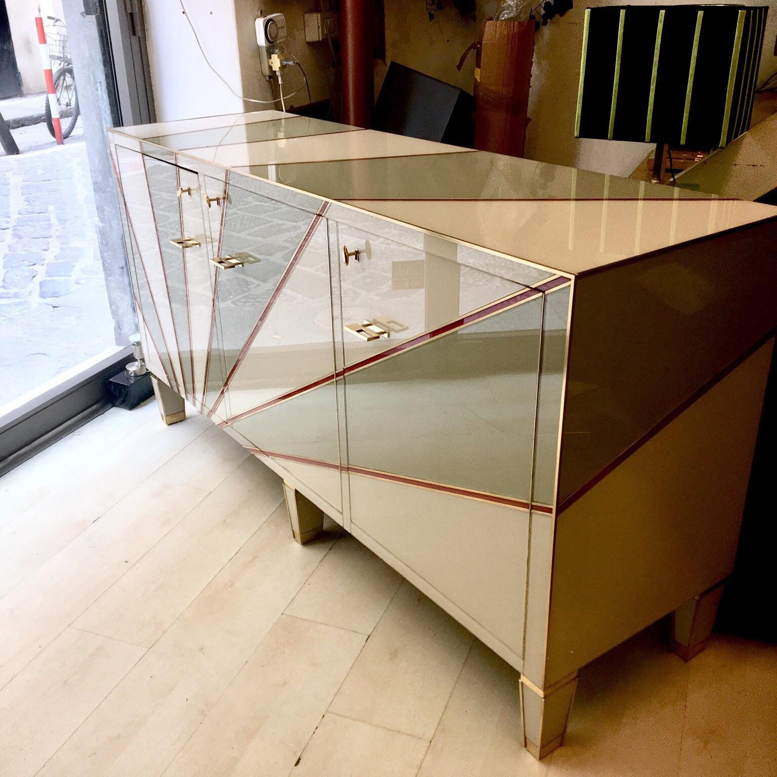 Modern Multicolored Opaline Glass Credenza Geometrical Design and Brass Edges, 1970s