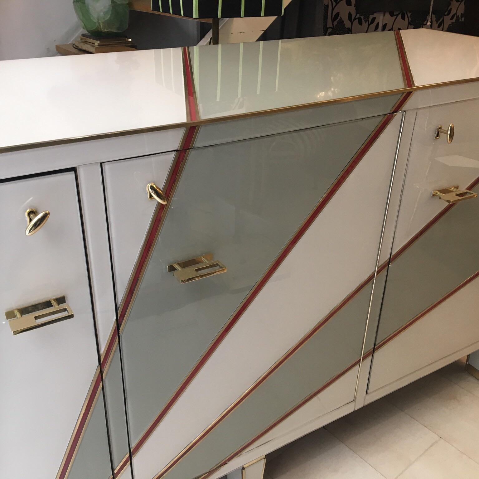 Multicolored Opaline Glass Credenza Geometrical Design and Brass Edges, 1970s In Excellent Condition In Florence, IT