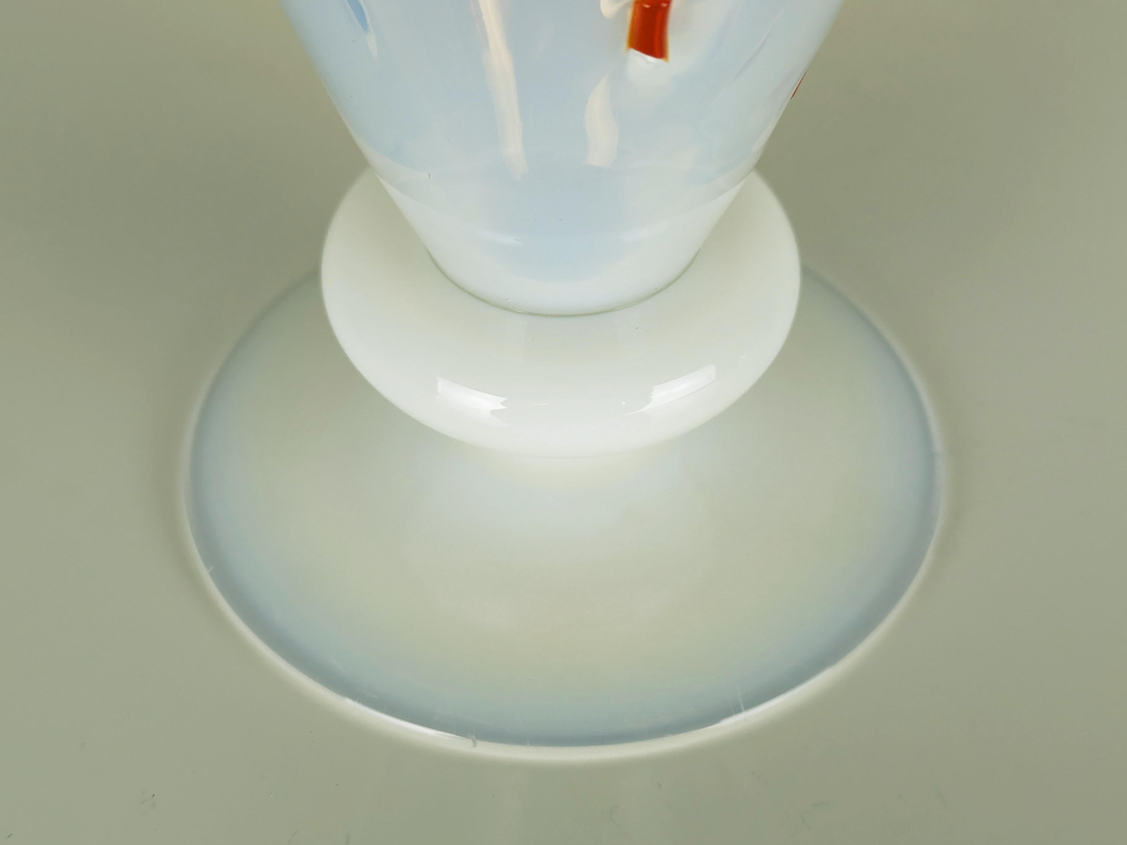 Large collectible chalice or cup in opaline Murano glass with colored inserts. signature and date engraved on the base. a visible chip on the edge as shown in the photo.