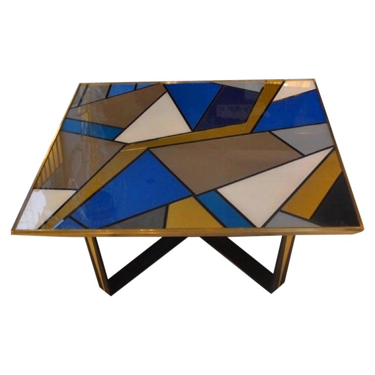 Multicolored Opalines Glass Italian Coffee Table Brass Edge, 1980s