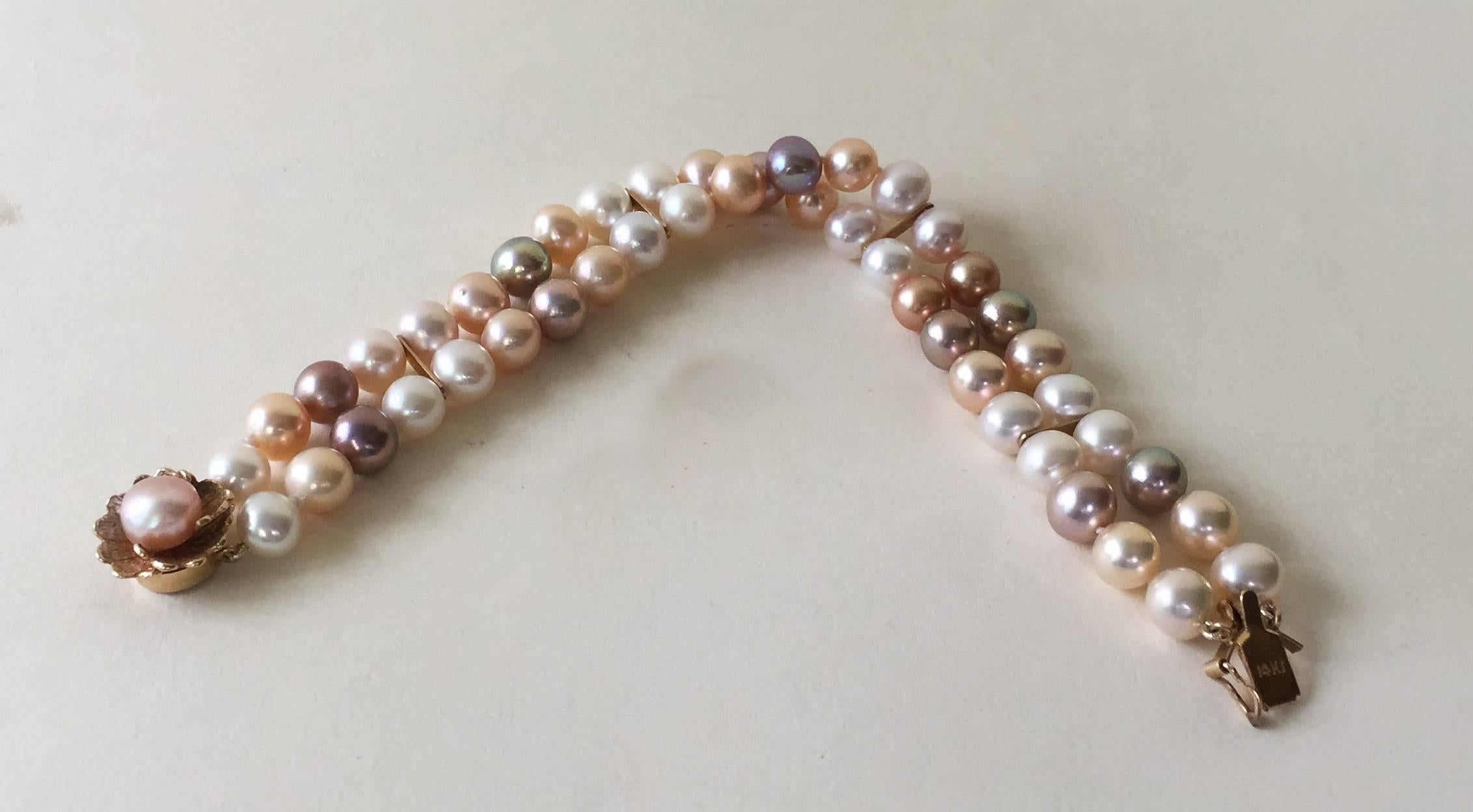 Artist Marina J. Multicolored Pearl Double Stranded Bracelet with Vintage 14K  Gold