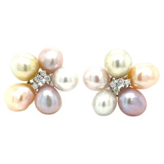 Multicolored Pearls & Diamond Cluster Earrings in 18k White Gold