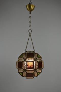 Multicolored Pressed Glass & Brass Pendant Lantern, Scandinavia, circa 1940s-50s