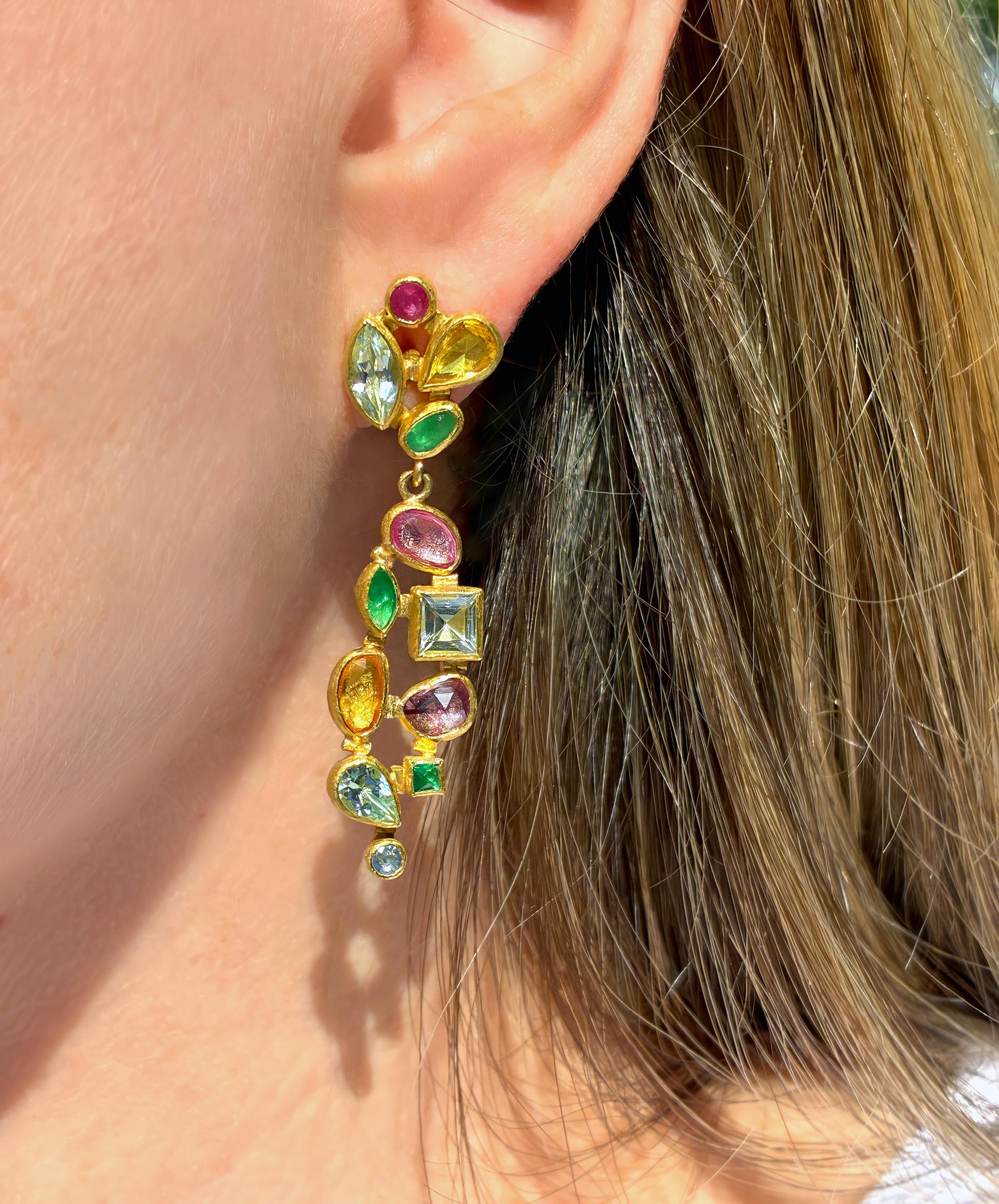One of a Kind Rainbow Mosaic Earrings hand fabricated by award-winning jewelry maker Petra Class showcasing a stunning assortment of brilliant-cut and rose-cut emerald, ruby, sapphire, aquamarine, and beryl in a mix of shapes, each individually