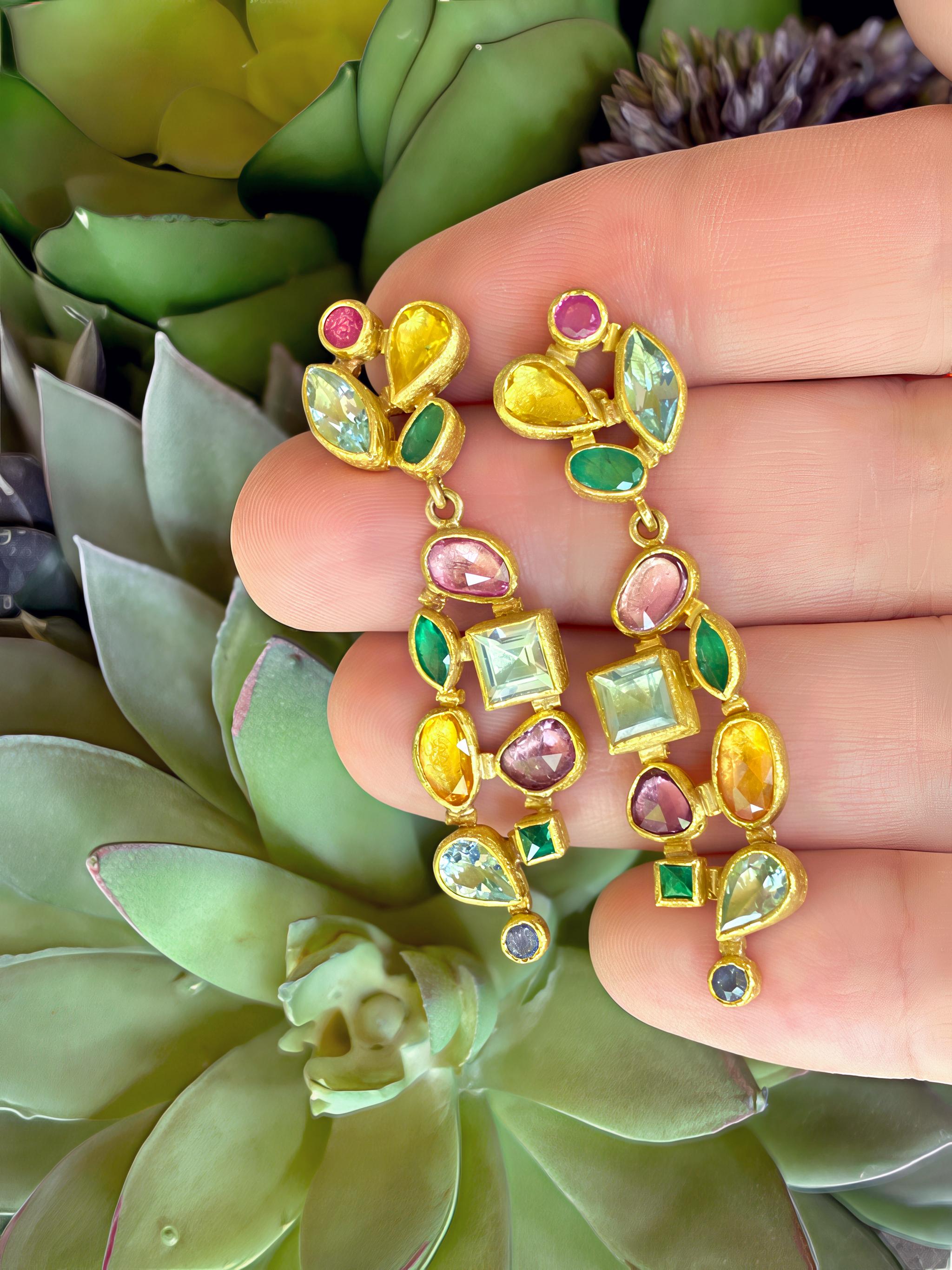 Contemporary Multicolored Rainbow Gemstone 22k Gold Mosaic Drop Earrings, Petra Class 2025 For Sale