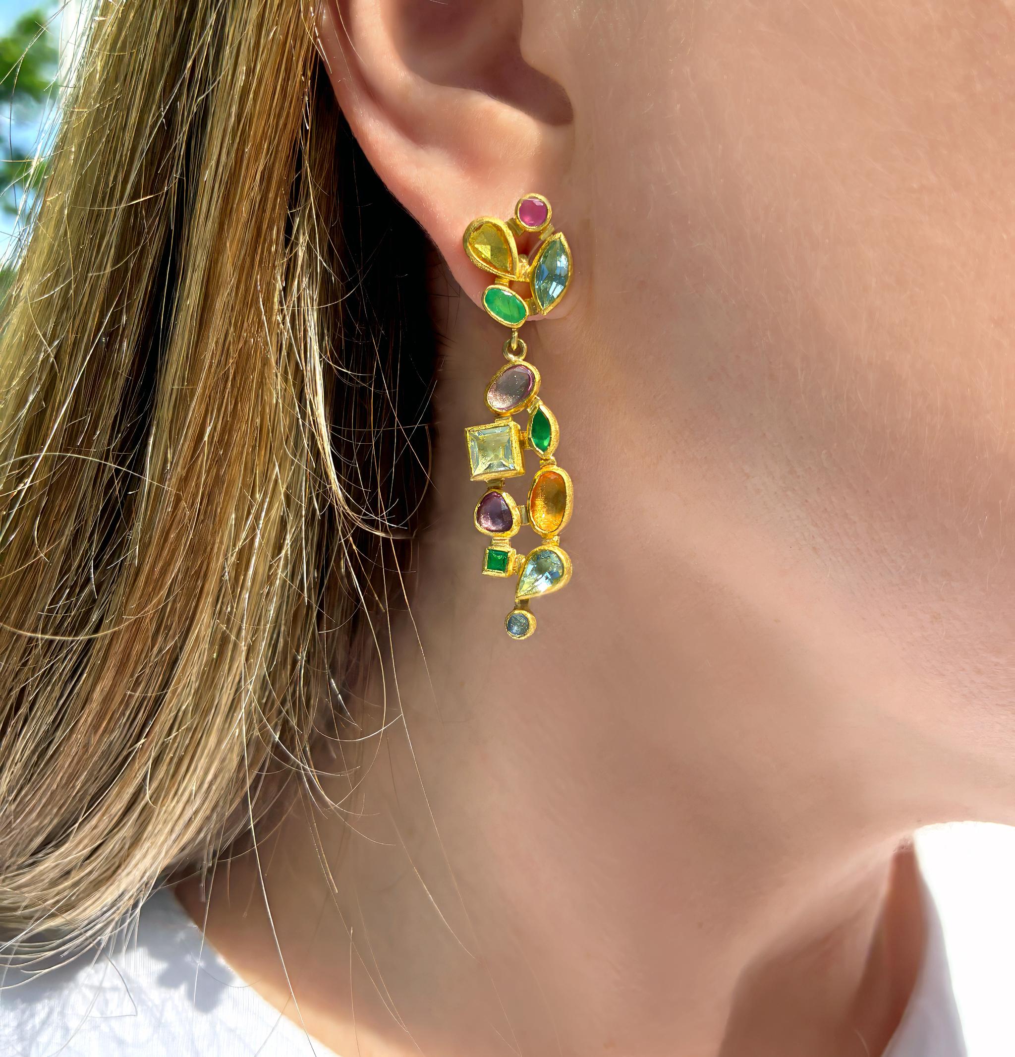 Brilliant Cut Multicolored Rainbow Gemstone 22k Gold Mosaic Drop Earrings, Petra Class 2025 For Sale