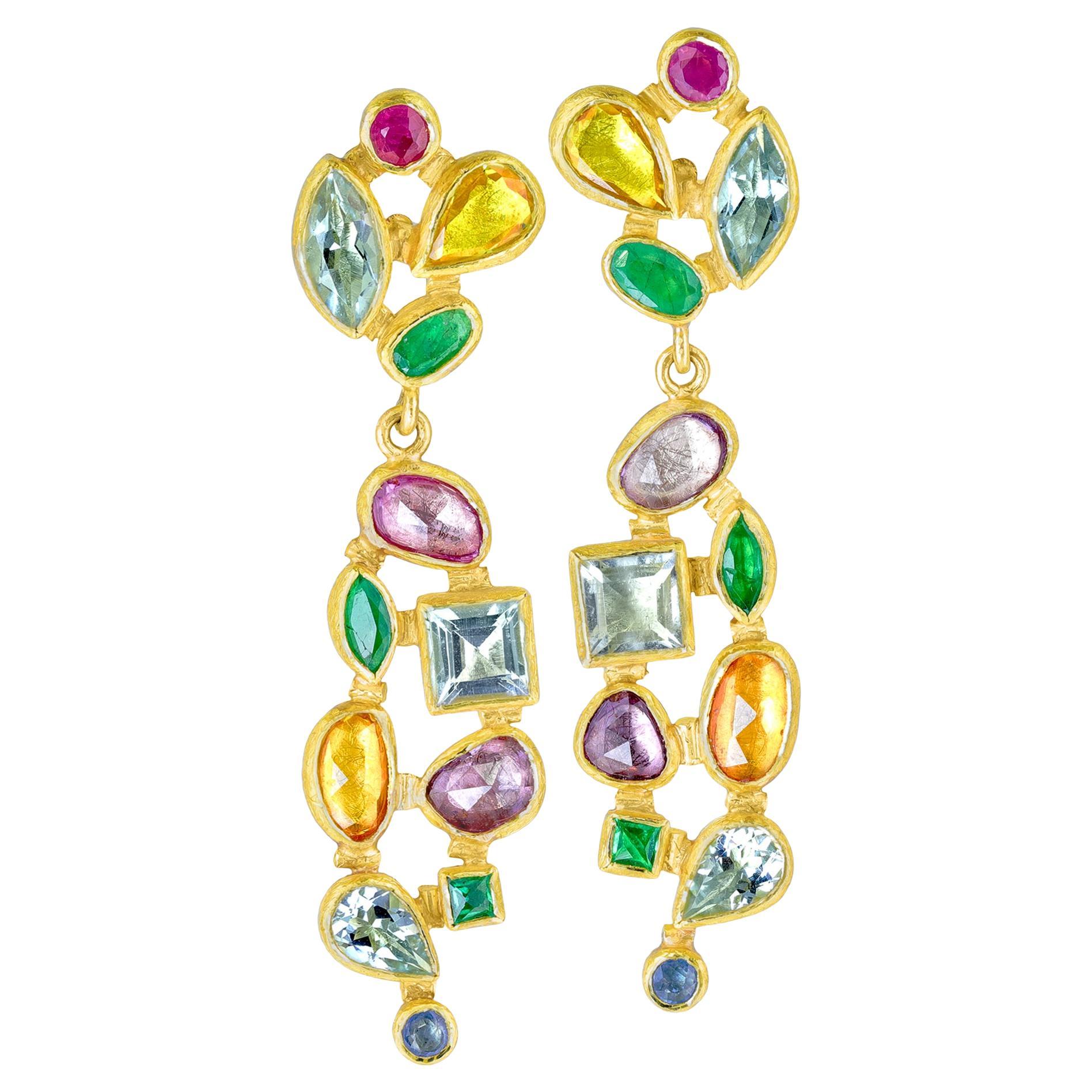 Multicolored Rainbow Gemstone 22k Gold Mosaic Drop Earrings, Petra Class 2025