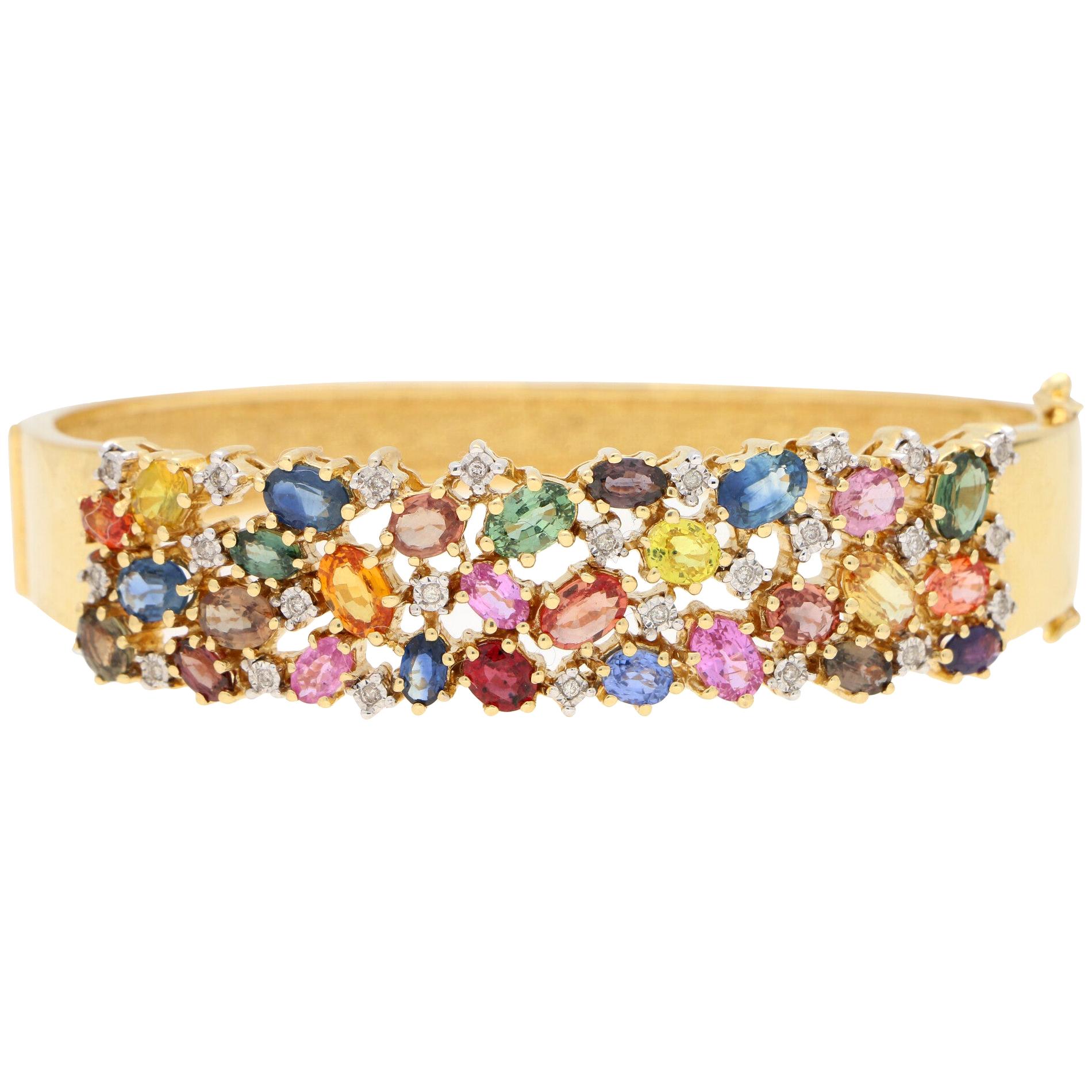 Multicolored Rainbow Sapphire and Diamond Bangle in 18 Karat Yellow Gold